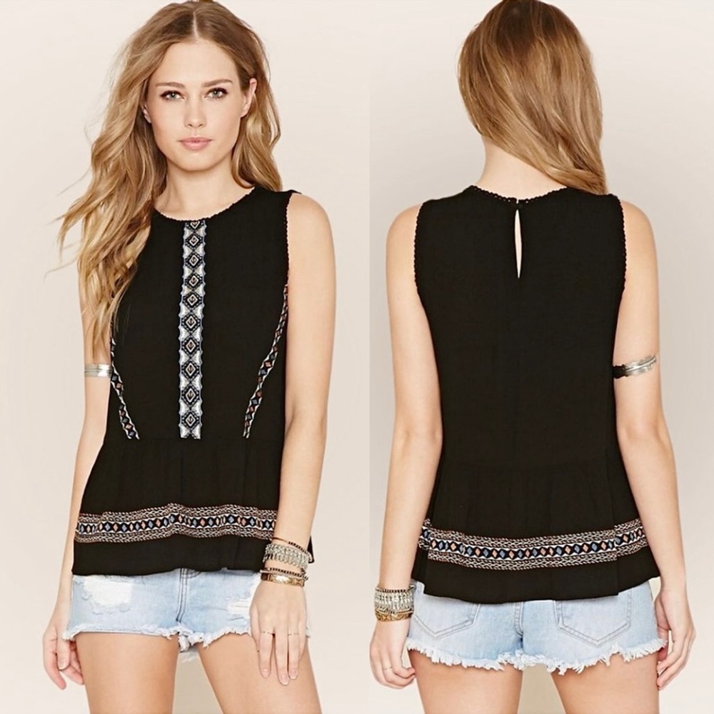 Chloe & Katie Chloe K Black Folksy Mosaic Embroidered Gauzy Peplum Tank Top